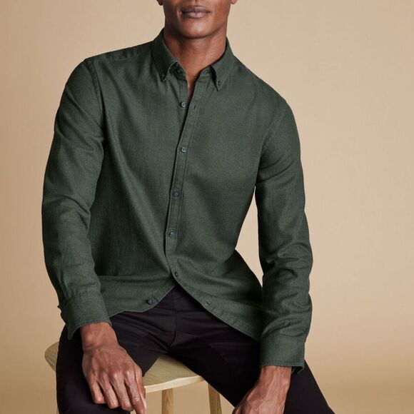 Charles Tyrwhitt Dobby Flannel Shirt Charcoal Grey Classic Fit Shirt Large Nwt - Picture 2 of 6